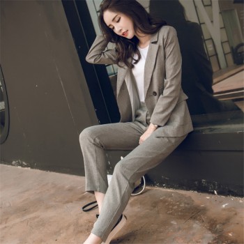 Women 2 Two Piece Sets Short Gray Solid Blazer + High Waist Pant Office Lady Notched Jacket Pant Suits